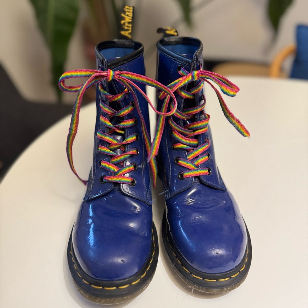 Shiny Doc Marten, AirWair Boots with Rainbow Laces